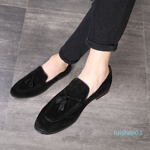 

big size 37-48 tassels genuine leather casual shoes luxury black suede men loafers moccasins slippers formal wedding dress shoes l03