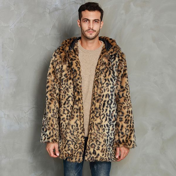

casual mens leopard plus thickening coat warm thick fur collar hooded coat fur jacket faux parka male fashion brand clothing, Tan;black