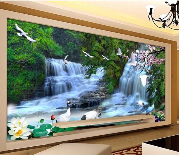 

waterfall landscape tv background wall 3d murals wallpaper for living room