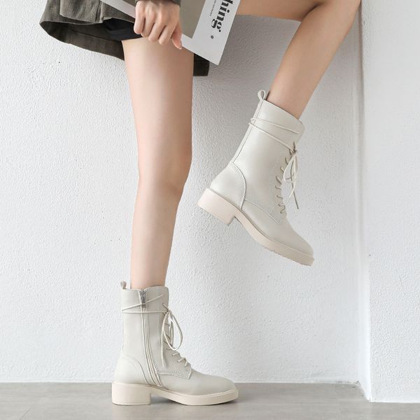 

kw7 new mid boot womens thick heel side zipper locomotive short boots with plush british style martin boots in autumn and winter 2019, Black
