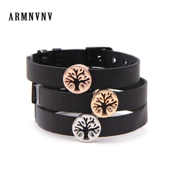 

armnvnv 21cm 1mm women black stainless steel mesh keeper bracelet set with life tree slide charms, Golden;silver