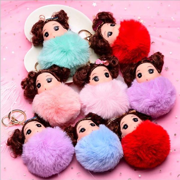 

cute pompom keychain confused doll key chain fluffy fake rabbit fur ball women car bag key ring holder gift, Slivery;golden
