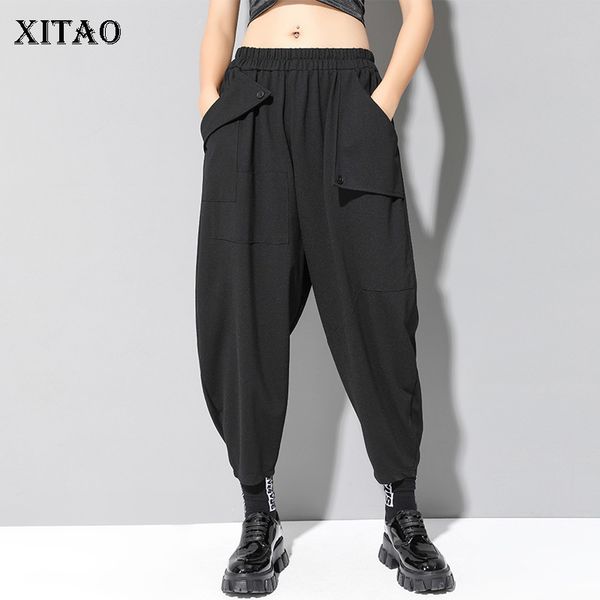 

xitao pockets casual ankle length high waist pants women winter europe and america loose tide elastic waist harem pants dmy1138, Black;white