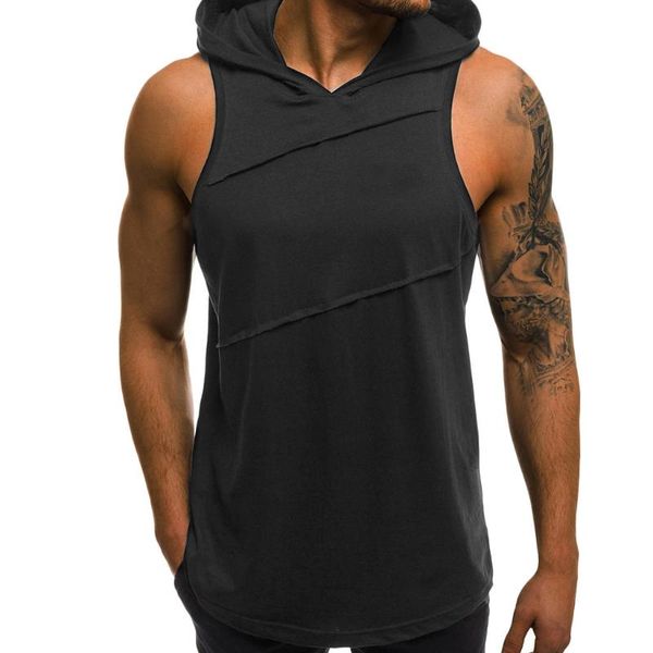 

с капюшоном без рукавов майка для мужчин повседневной tanktop hooded спорт фитнес тренировки мышц gym рубашки, Black;blue
