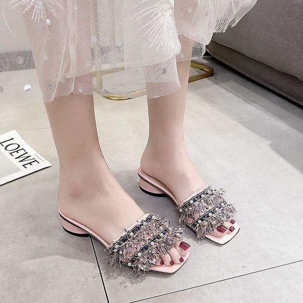 

slippers pearl low heel women sandals chunky summer open toe outdoor sweet seaside beach slides, Black