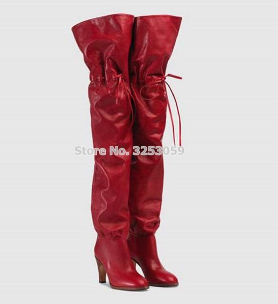 

almudena noble red black lace-up long boots celebrity loose style high heel bowtie thigh high boots stage show dress shoe