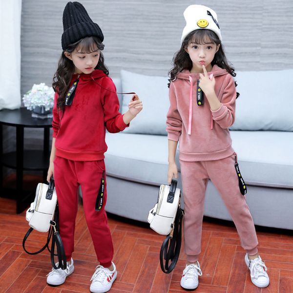 

2 sets children's clothing autumn and winter jacket new sweater + sports pants girls fluffy shirt plus velvet thick coat trousers two-p, White