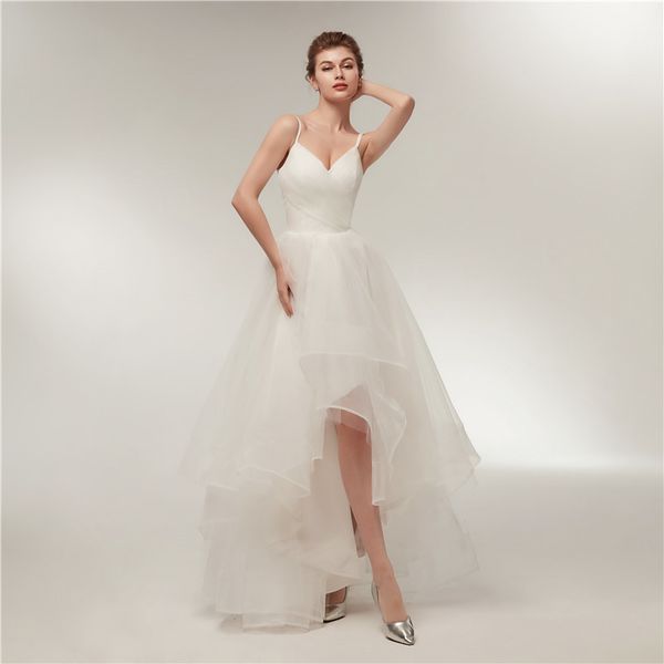 

high-low tiered skirts beach wedding dresses spaghetti straps v neck pleats lace up back bridal gowns sweep train vestidos de novia 2020, White