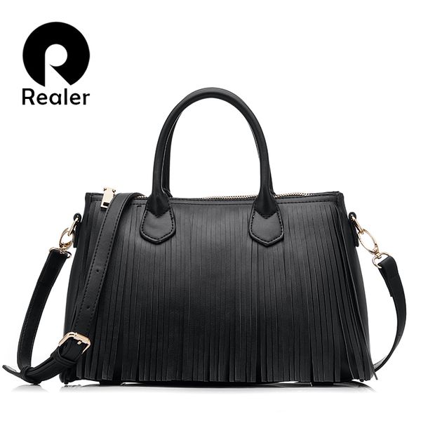 

realer 2017 new brand design women tote with tassel black/gray/white women handbag bag pu leather