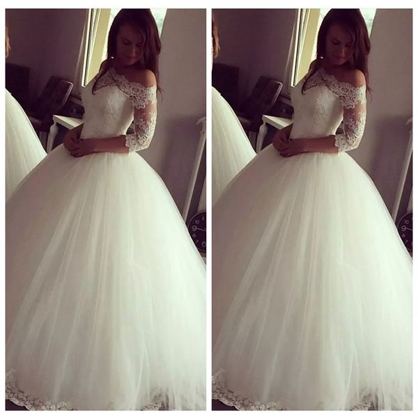

modest bateau half sleeves a-line wedding dresses lace appliques lace up back bridal gowns 2019 vestidos de marriage customized wedding wear, White