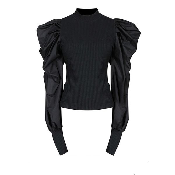 

2019 autumn and winter new products fashion solid color puff sleeve round neck pullover wild knit sweater female l827, White;black