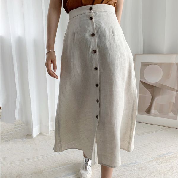 

retro casual high waist women skirt solid color wild single-breasted a-line lady midi skirt, Black