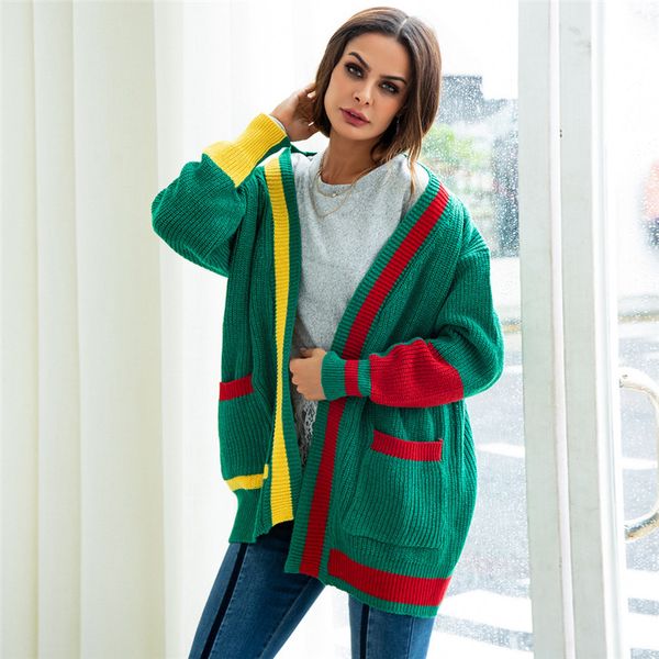 

christmas womens designer sweater fashion luxury clothes contrast color big pocket cardigan sweater womens casual kniter, White;black