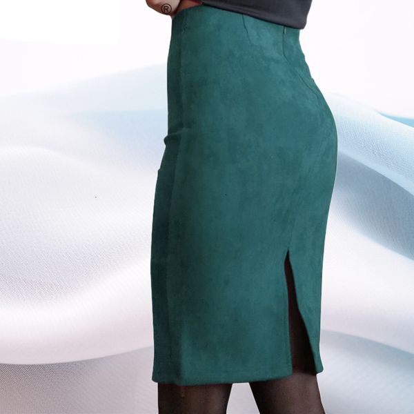 

designer pencil skirt women deals suede solid color female spring autumn basic high waist bodycon split knee length skirts, Black