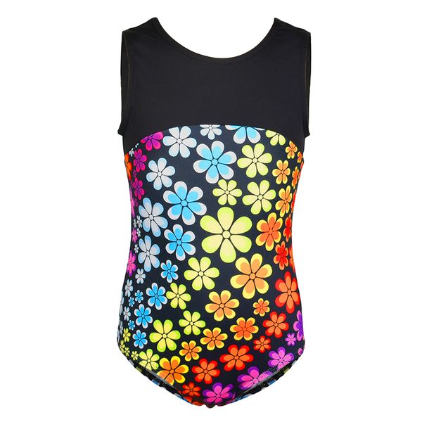 

girls uniform multicolor flower pattern dance gymnastics ballet sleeveless bodysuit kids, Blue