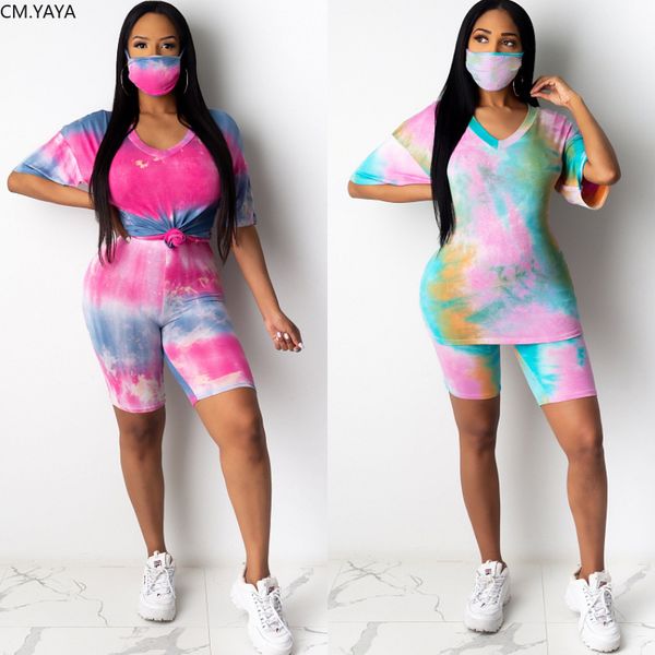 

2020 with masks women two pieces sets summer tracksuits tie-dye print +jogger shorts suit sporty fitness outfit gl5403, White