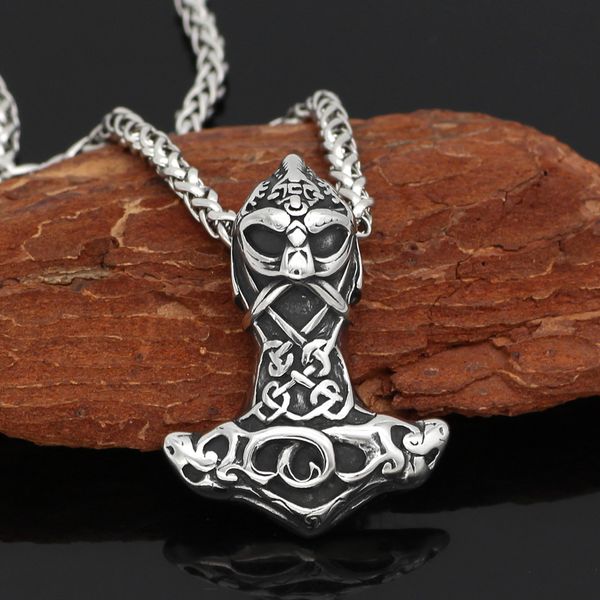 

nordic viking mjolnir stainless steel thor face hammer amulet necklace for men with valknut gift bag, Silver