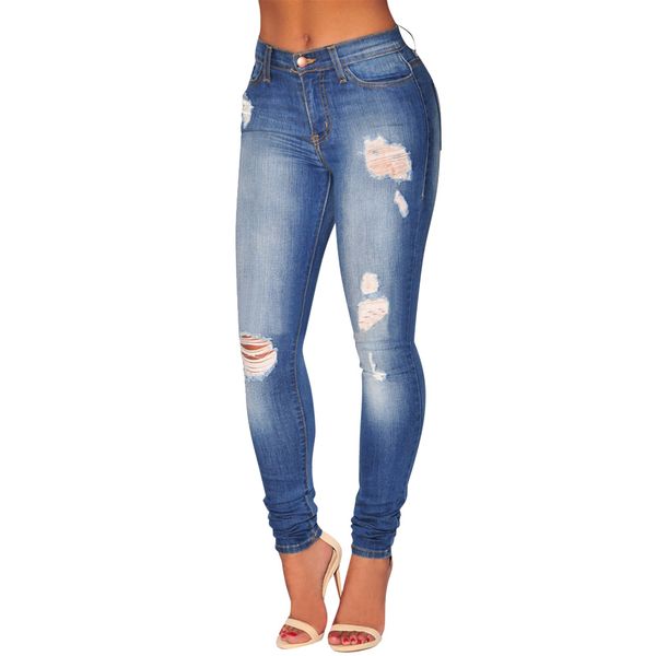 

blue wash denim ripped skinny pencil jeans stylish mid rise plus size women jeans vintage bottoms up ripped