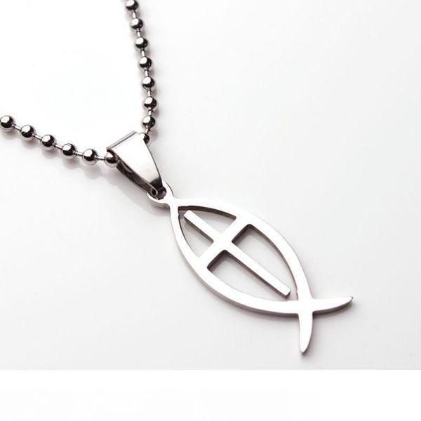 

stainless steel cross jesus fish pendant necklace catholic church christian of cross fish symbol statement necklace jewelry, Silver