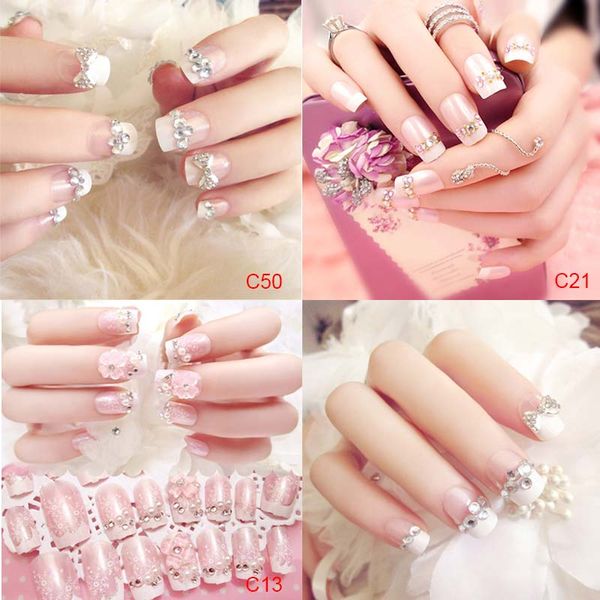 

new 24 pcs/set 3d fake nails with glue wedding bride full nail tips middle-long cute french false nails, Red;gold