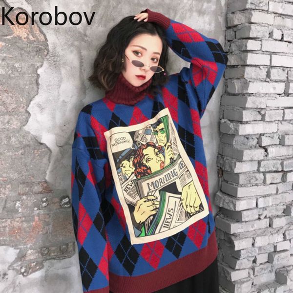 

korobov cartoon hit color women harajuku sweaters korean turtleneck streetwear sueter mujer chic argyle female pullovers 79325, White;black