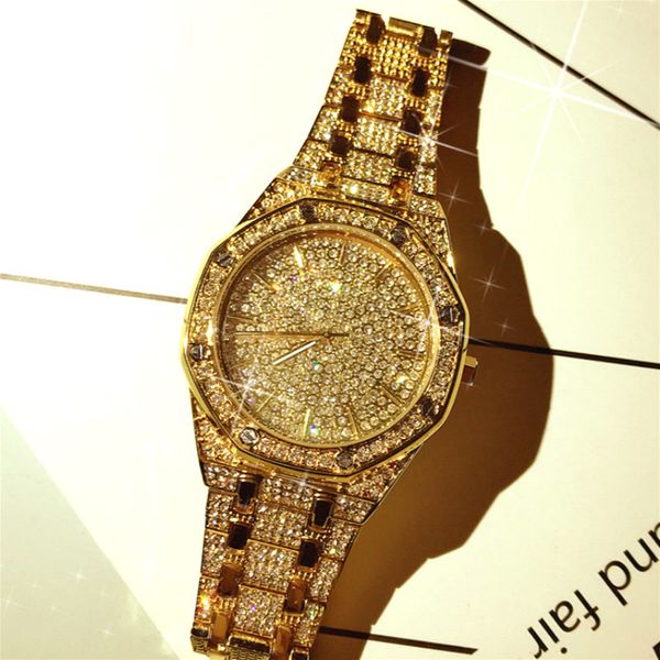 

новые роскошные модные мужские часы хип-хоп bling diamond iced out дизайнерские часы royal oak нержавеющая сталь cz кварцевые часы леди, Slivery;brown