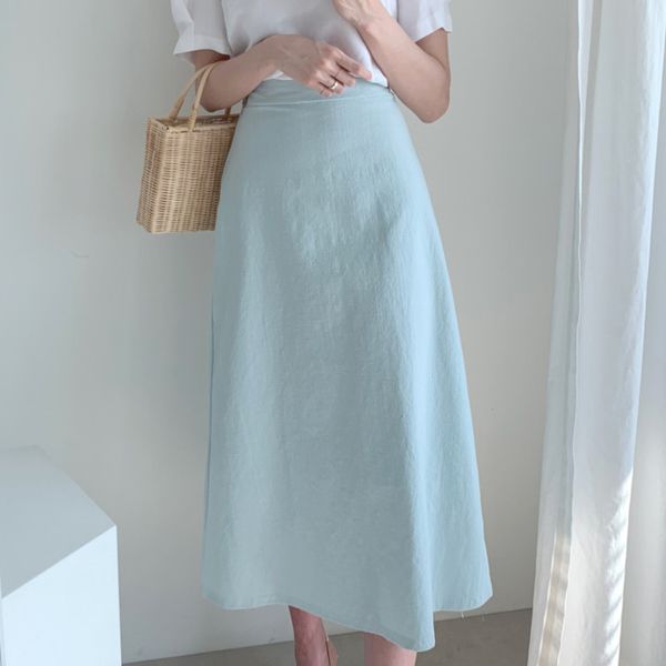 

fashion skirts casual high spring girls summer women solid elastic waist a line ladies midi long skirt, Black