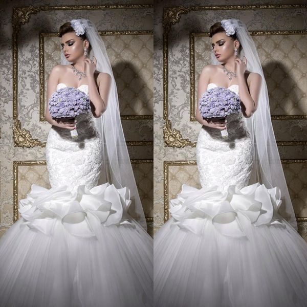 

arabic luxury bead wedding dresses mermaid sweetheart lace appliques ruffles sweep train vestido de novia wedding dress, White