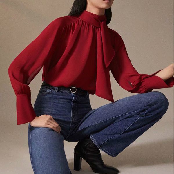 

see through women shirt bow blusas mujer de moda 2020 streetwear womens clothing crop women solid fashion shirts, White