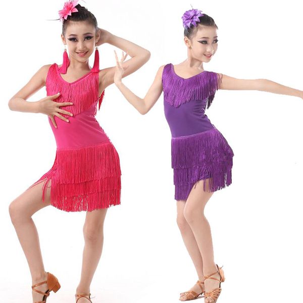 

children professional latin dancing clothes girls latin ballroom dancing dress kids salsa tassels stage dancewear costumes dress, Black;red