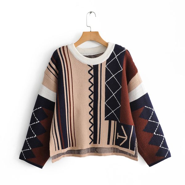 

chic jumpers vintage stylish geometric pattern patchwork loose women sweater 2019 fashion female knitted pullovers girls, White;black