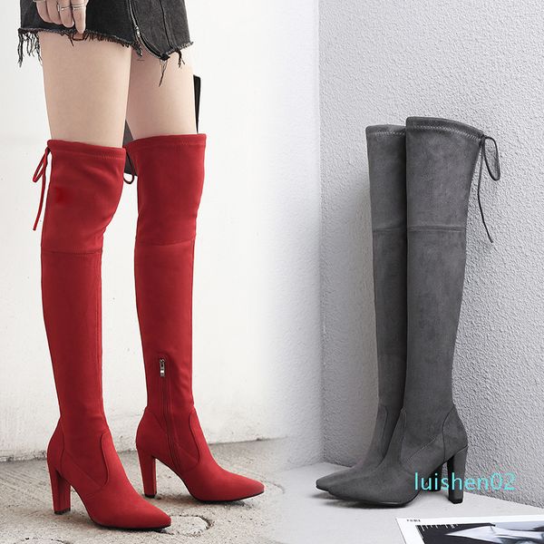 

borruice 2019 party fashion suede leather shoes women over the knee heels stretch flock winter high boots botas l02, Black