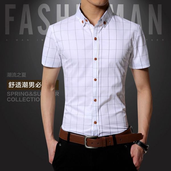 

male shirts 2018 men fashion brand short sleeve men dress shirt casual plaid shirt slim fit cotton social shirts 5xl, White;black