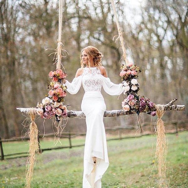 

garden lace mermaid wedding dresses 2020 new design selling court train boho long sleeve chiffon bridal gowns vestido de noiva w1122, White