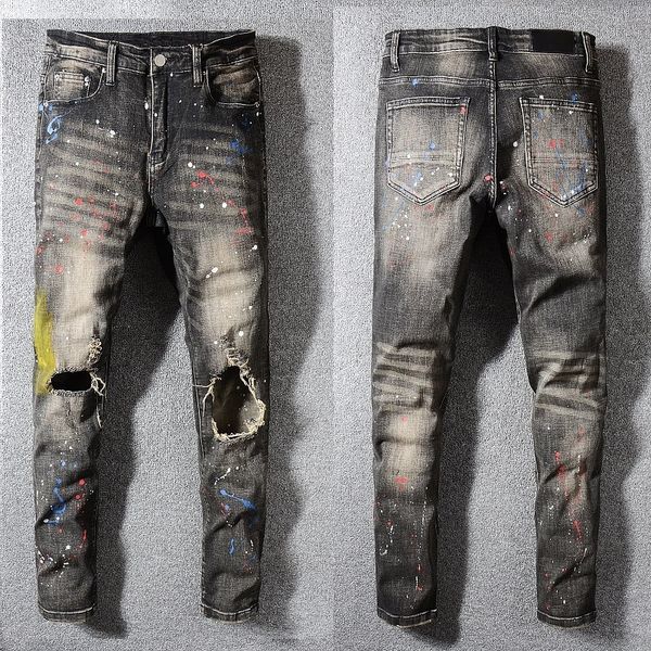 

new fashion brand style men jeans perforated patch oil color painted pants tight wash black slimhommes ripped moto promotion, Blue