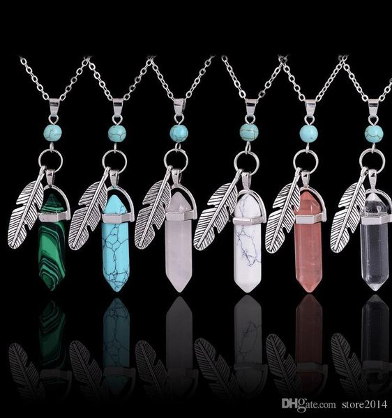 

hexagonal column healing natural stone charms bullet necklace leaf leaves feather charms wing silver chain gem beads necklaces jewelry