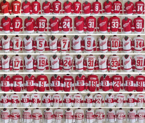 

detroit red wings winter classic #19 steve yzerman 91 sergei fedorov 7 ted lindsay 10 alex delvecchio 71 larkin men ice hockey jersey, Black;red