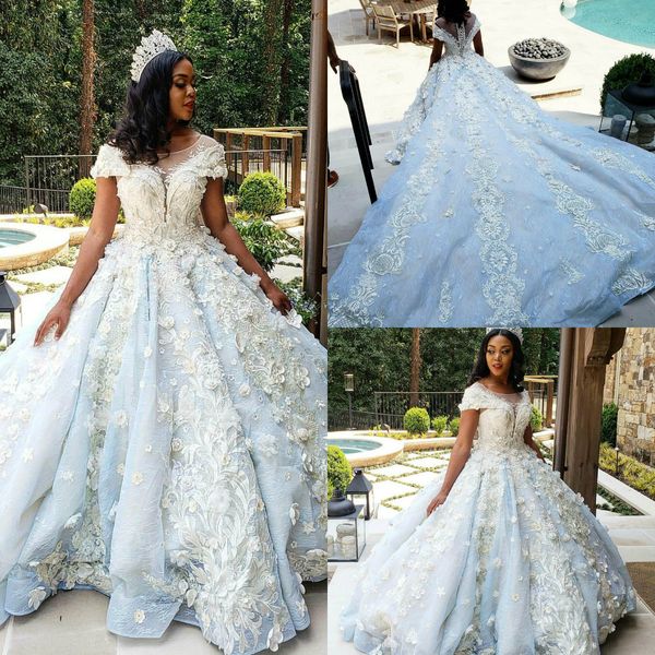 

gorgeous church wedding dresses lace 3d floral appliqued ball gown country wedding dress monarch train luxury bridal gowns abiti da sposa, White