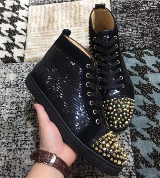 

new arrival round-toe spikes orlato men's sneakers flat,fashion rivets red bottom shoes, casual women leisure trainer flats eu35-46 wit, Black
