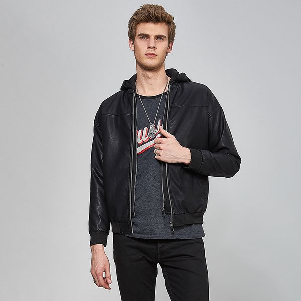 

men's fur & faux the leather fashion youth locomotive coat loose joint hat man jacket, Black