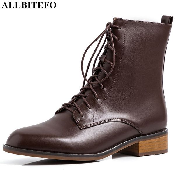 

allbitefo fashion boots autumn winter girls ankle boots natural genuine leather concise women square toe, Black