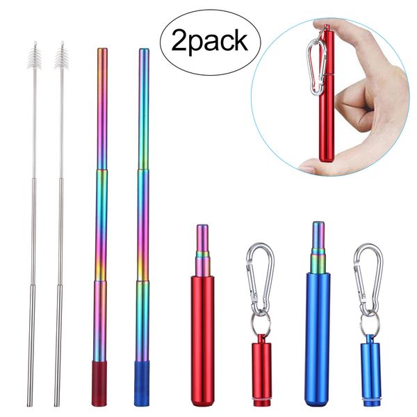 

portable folding foldable drinking stainless steel straw, collapsible reusable metal straw and cleaning brush
