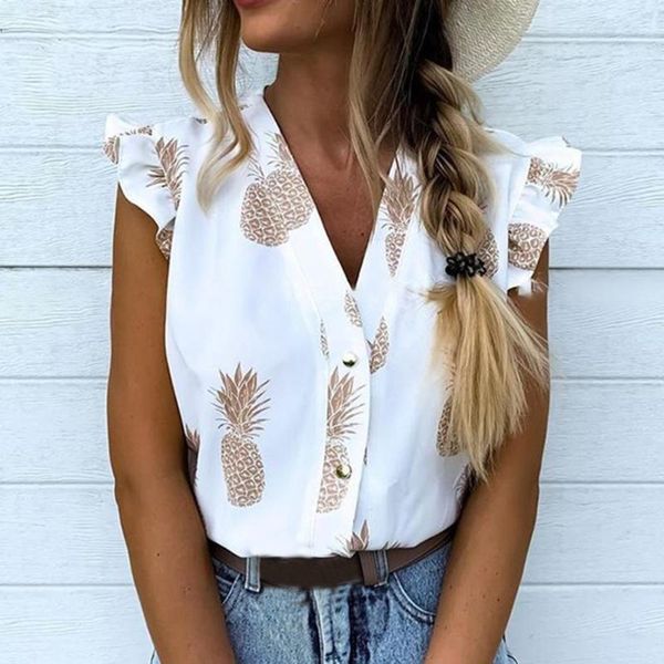 

2020 summer women blouse vacation leisure female holiday girls sweet pineapple print flutter sleeve casual blouse, White