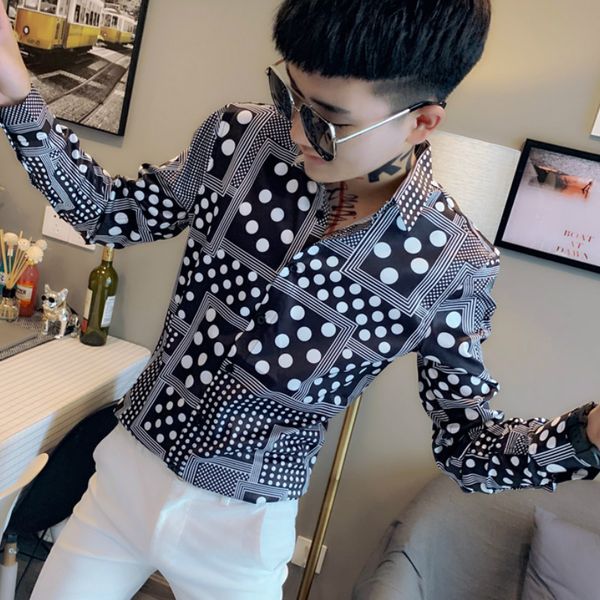 

polka dot men shirt long sleeve camisas hombre fashion casual slim fit dress shirts night club streetwear social blouse homme, White;black