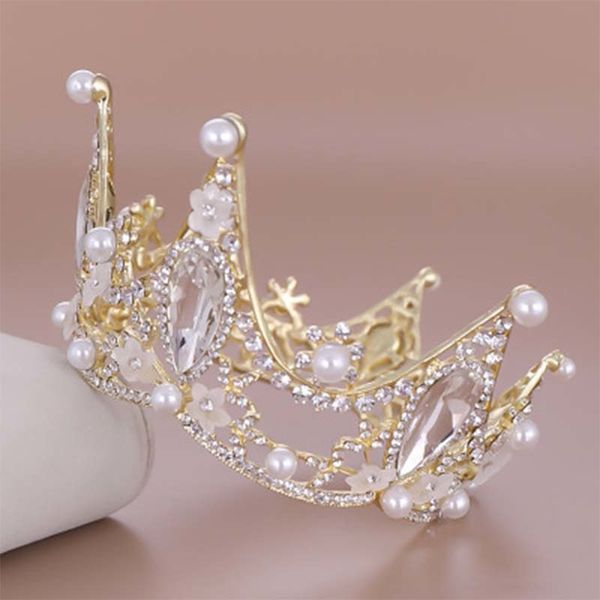 

forseven gold/silver color pearl full circle tiara crown hair jewelry crystal rhinestone diadem headpiece wedding accessories jl, White;golden