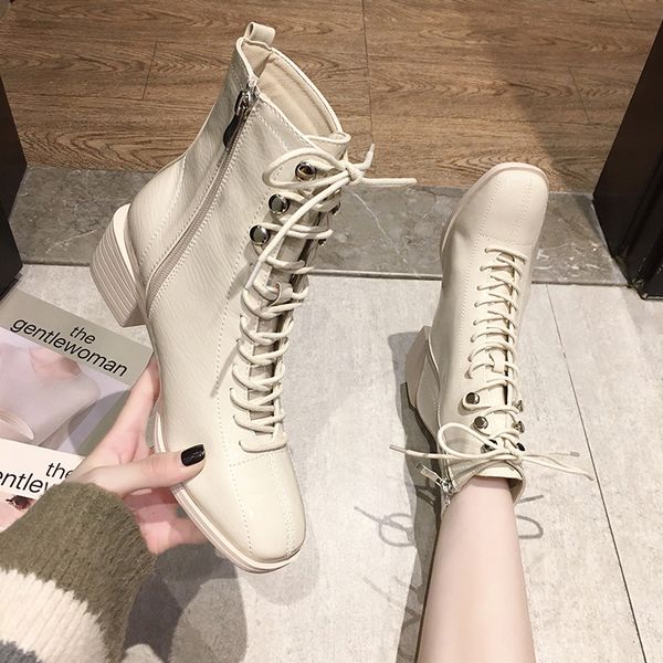 

white mid-calf boots winter shoes for women luxury designer booties ladies low heels booties boots-women lace up round toe short, Black
