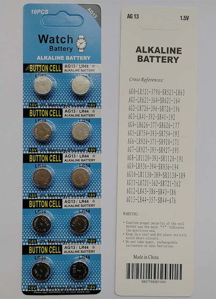 

600card lot 1 5v ag13 lr44 a76 alkaline button battery coin batterie for watche toy 10pc per bli ter card