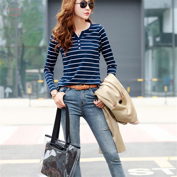

cotton stripe t shirt female full women autumn spring basics ladies shirts plus size tshirt elastic t shirt blue red, White