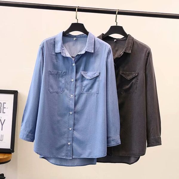 

2019 plus size casual blouses spring women clothing fashion loose long sleeve denim shirts b7-n8009, White