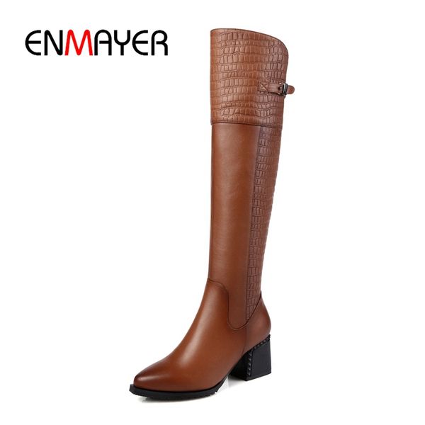 

enmayer 2018 new cow leather women over the knee boots zip high heels women shoes winter boots warm size 34-43 zyl870, Black